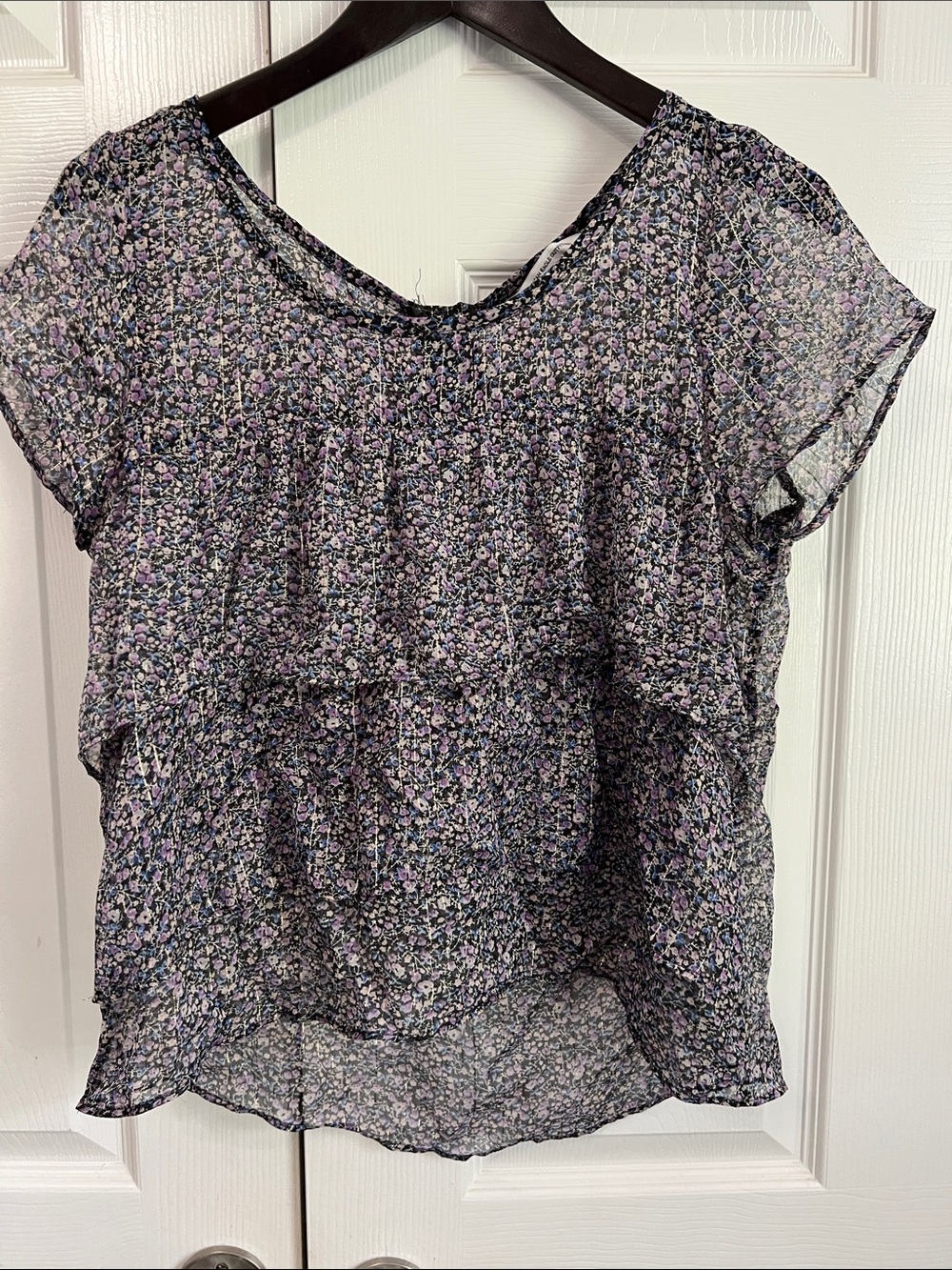 American Eagle Outfitters Purple Floral Ruffle Short-Sleeve Blouse